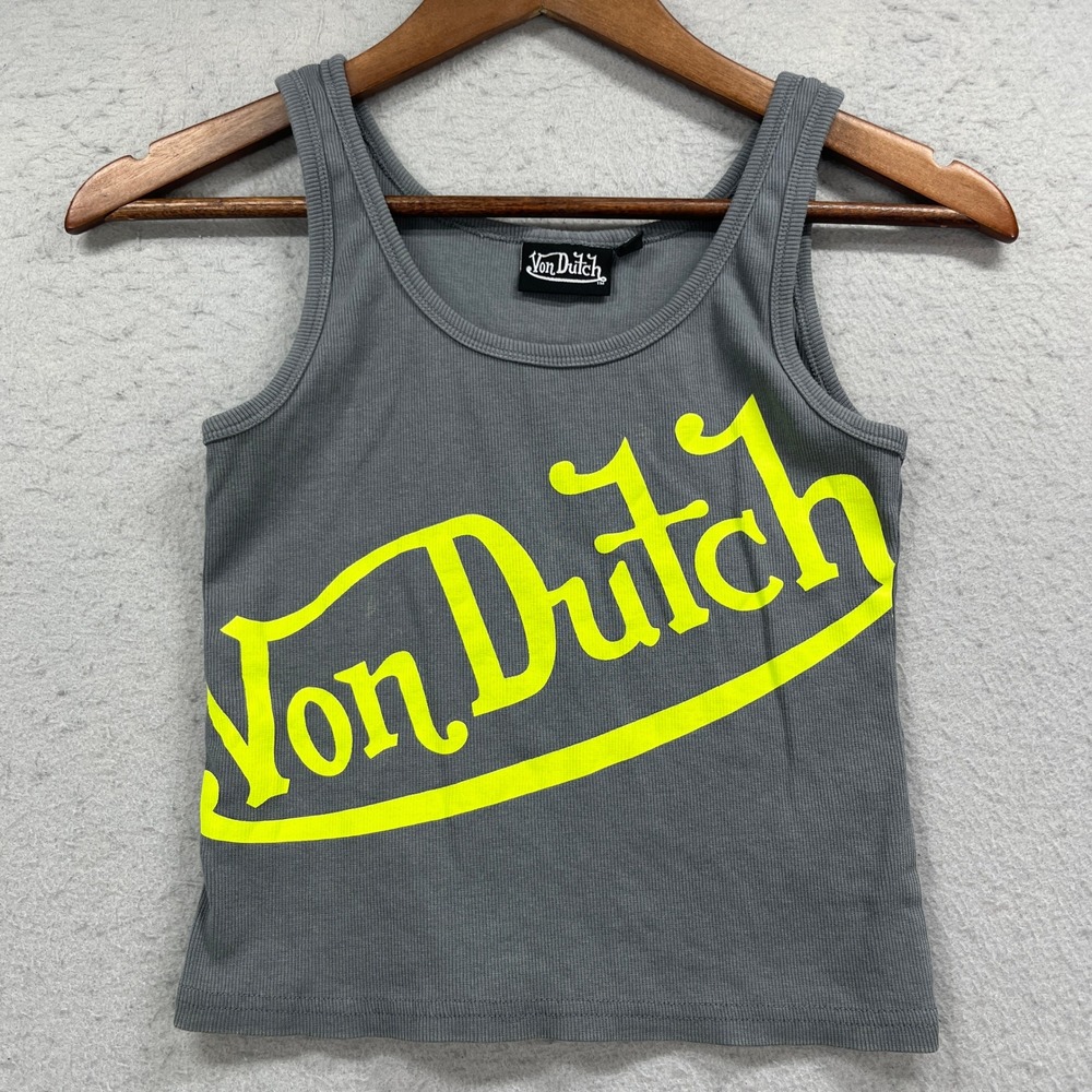 Von Dutch Tank Top Womens Large Grey Neon Yellow Logo Ribbed Y2K Crop Streetwear